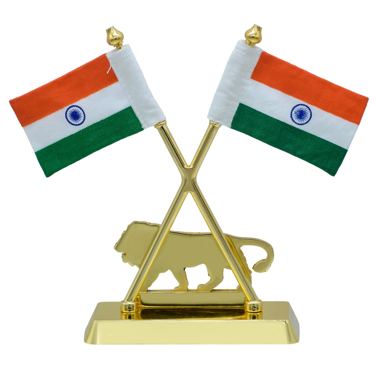 Dual Indian Flag Table Stand – Make in India Lion Edition (Gold Finish)