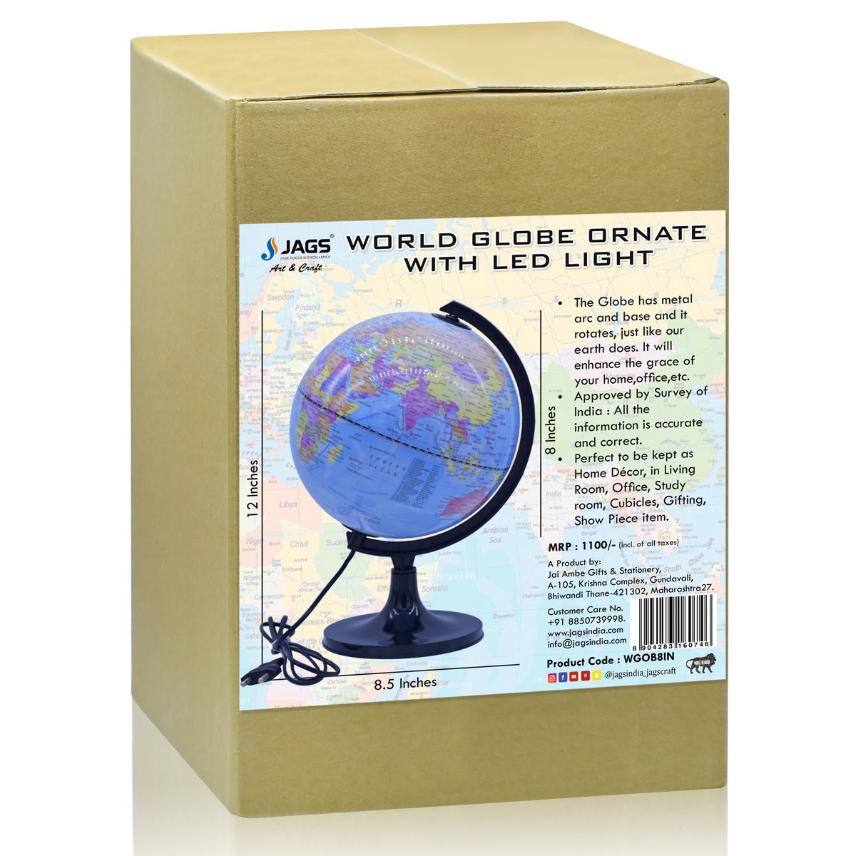 Illuminated Blue World Globe with Black Stand – 8 Inch