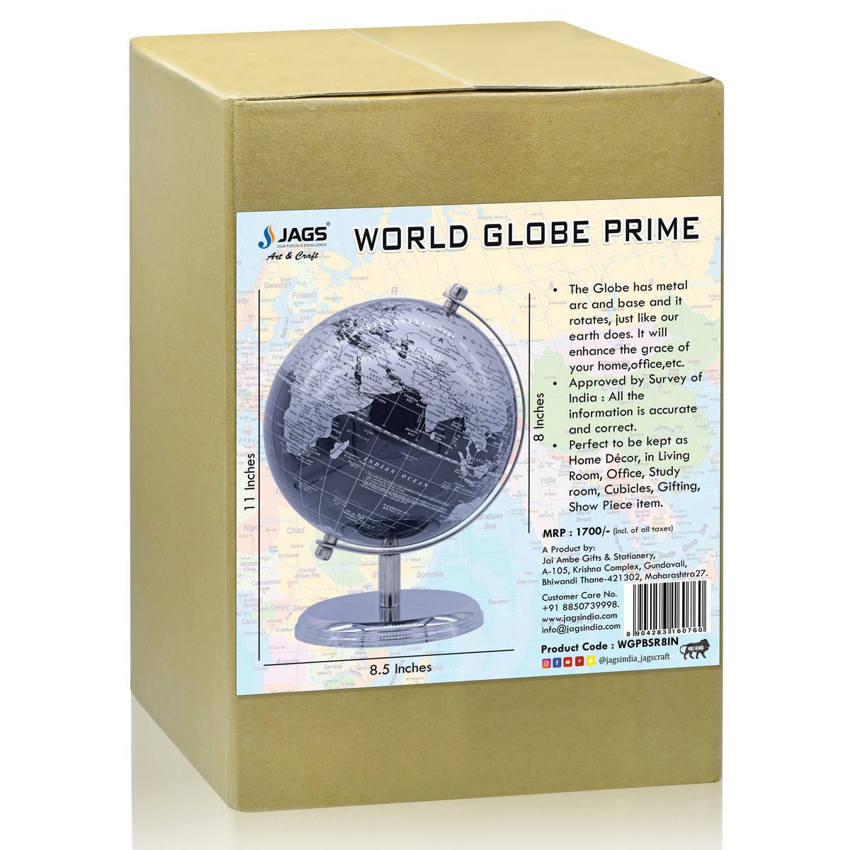 Premium Silver & Black Decorative World Globe – 8 Inch