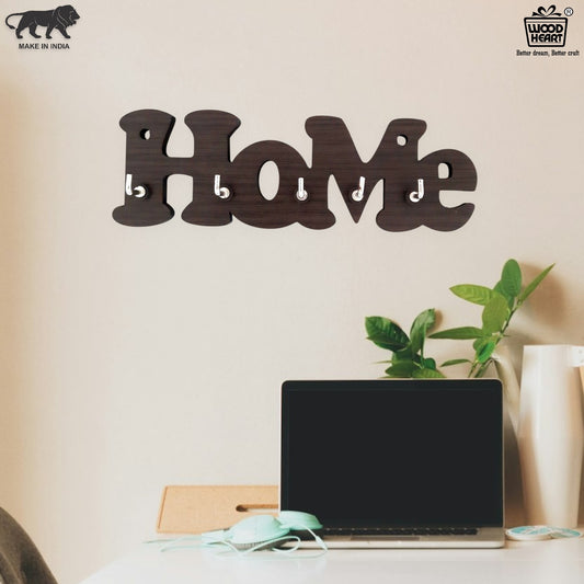 “HOME” Wall-Mounted Wooden Key Holder – 5 Hook Organizer