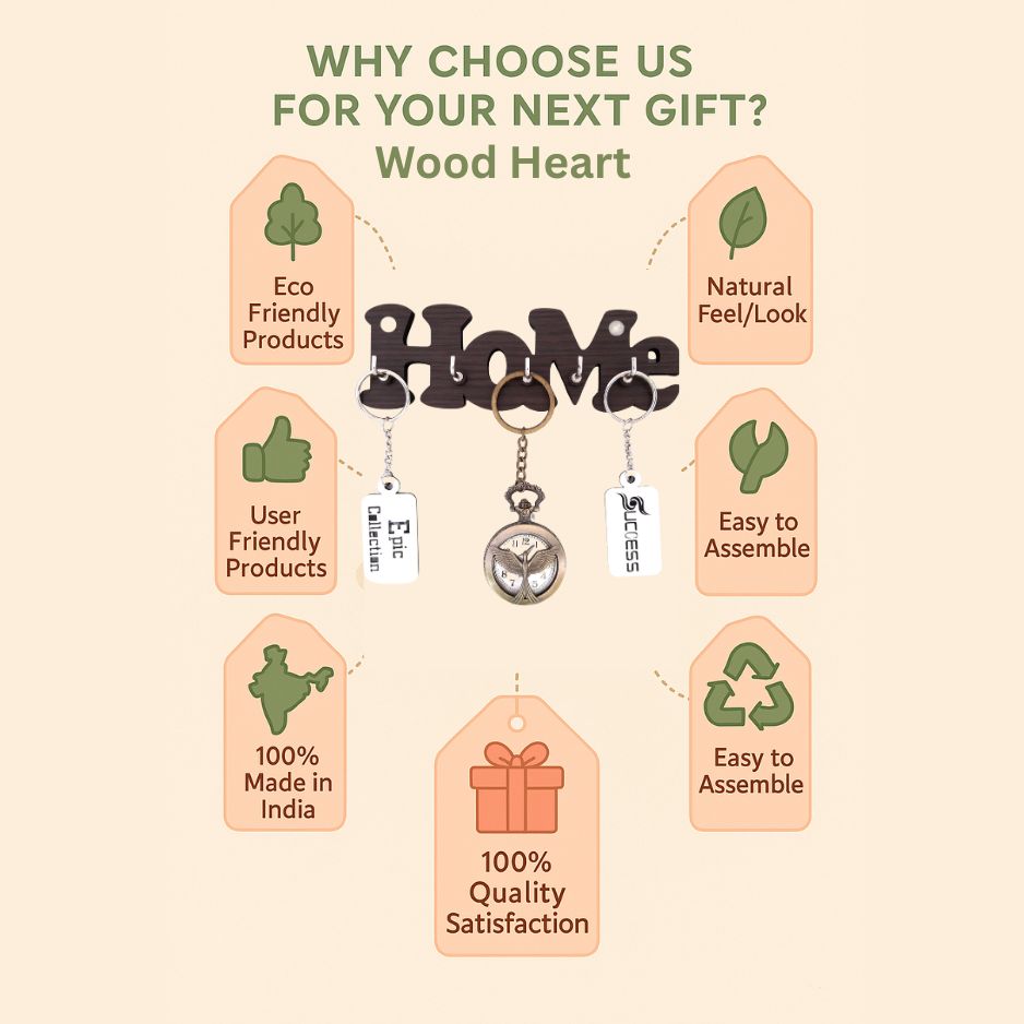 “HOME” Wall-Mounted Wooden Key Holder – 5 Hook Organizer