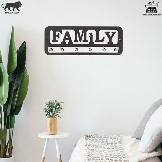 Wooden FAMILY Key Holder for Wall – 6 Hook Organizer by Wood Heart