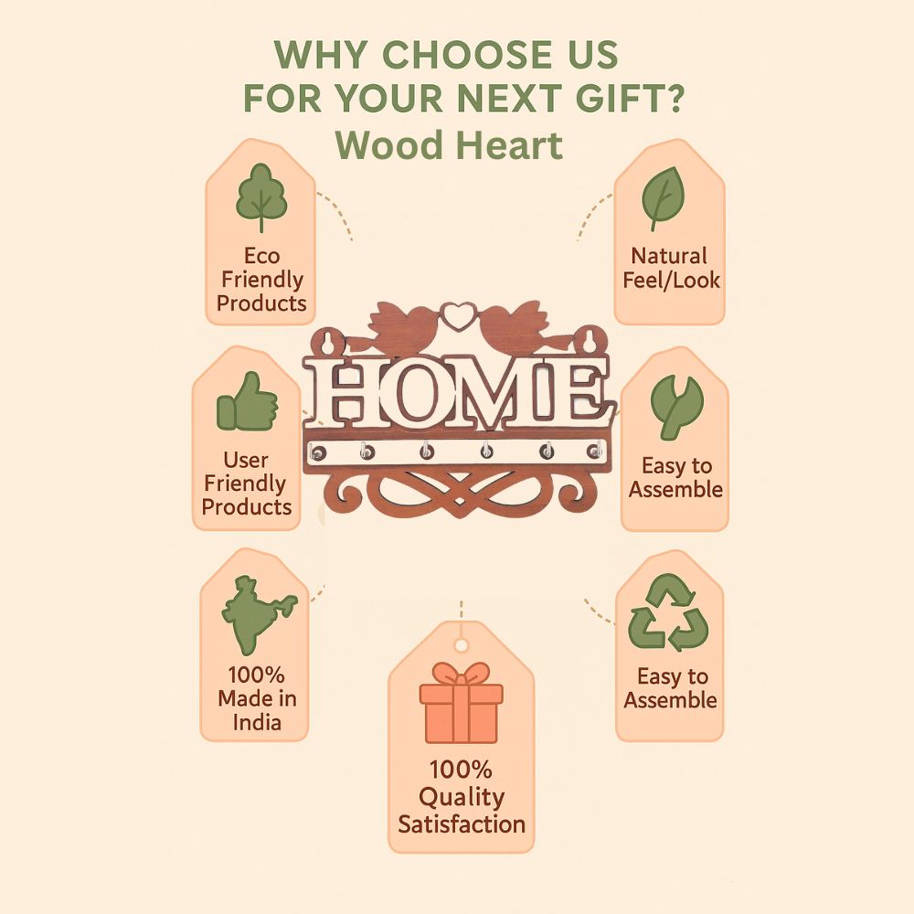 Decorative Wooden HOME Key Holder with Birds & Heart Design