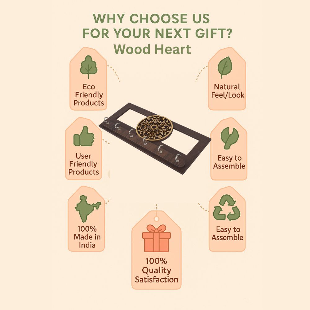 Elegant Wooden Key Holder with Golden Floral Mandala