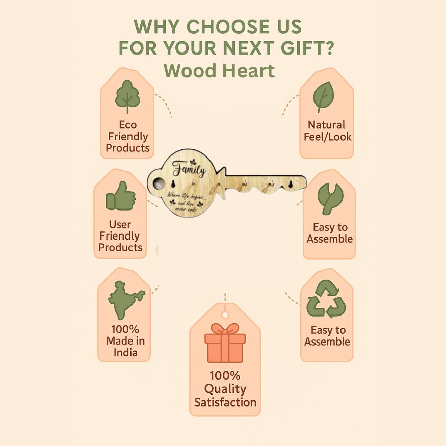 "Family" Quote Wooden Key Holder – Key-Shaped Wall Organizer with 5 Hooks