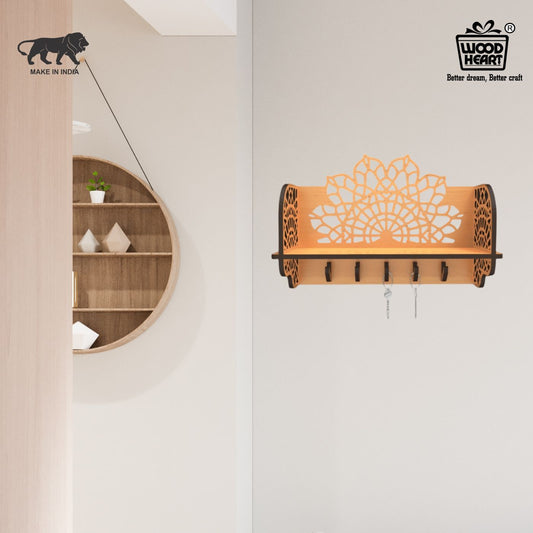 Mandala Art Wooden Key Holder with Shelf