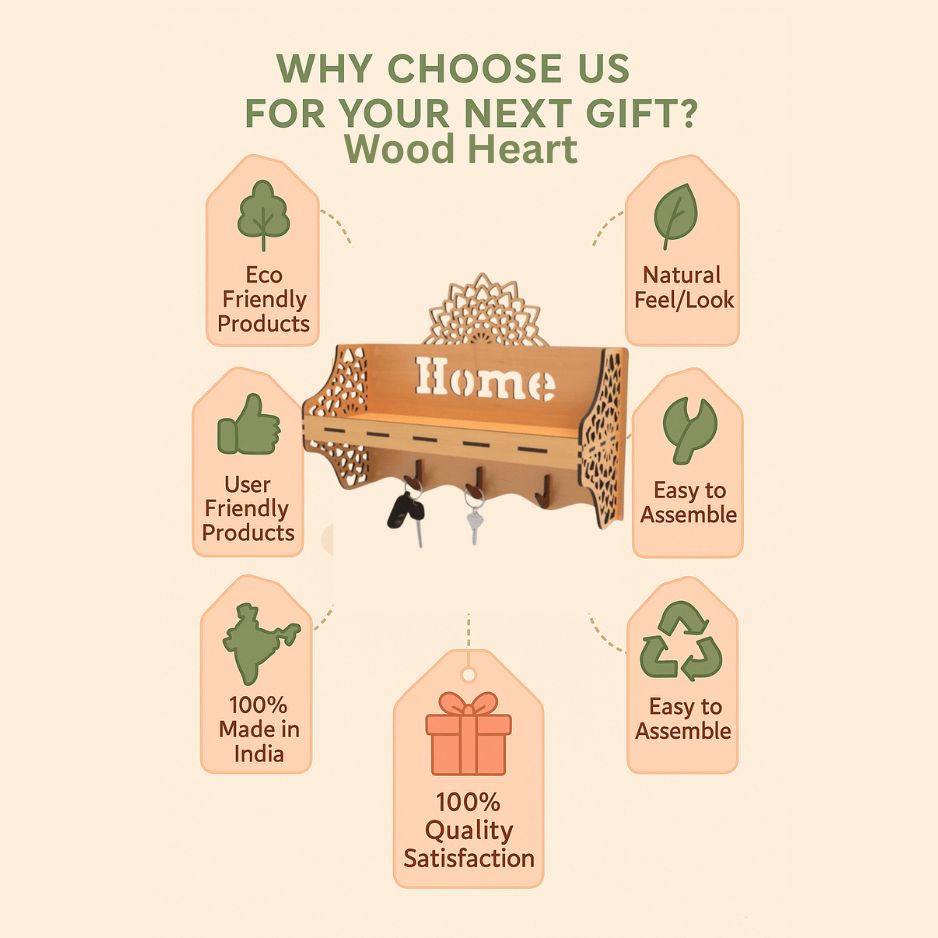 Wooden Wall Shelf with Mandala Cutout & Key Holder – “Home”