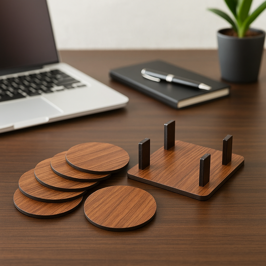 Premium Wooden Round Coaster Set with Stand – 6 Pieces
