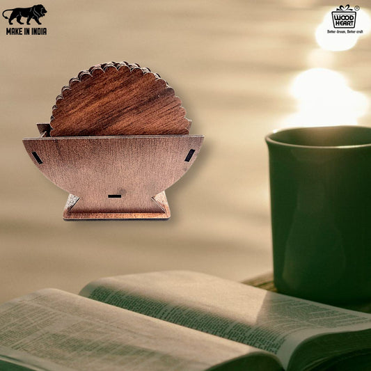 Wooden Dark Finish Round Coaster Set with Elegant Holder – 6 Pieces