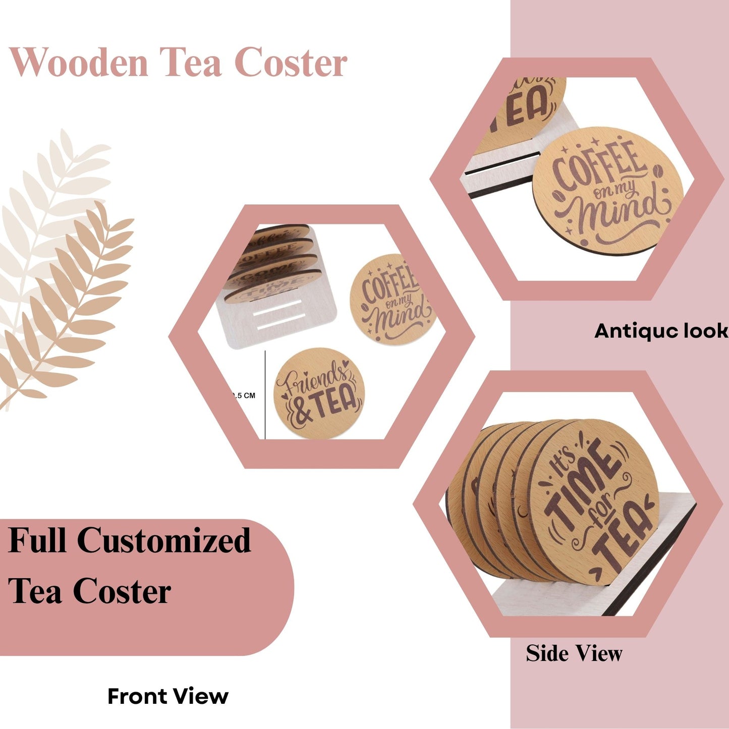 Wooden Round Coaster Set – It’s Time for Tea Design (Set of 4 with Holder)