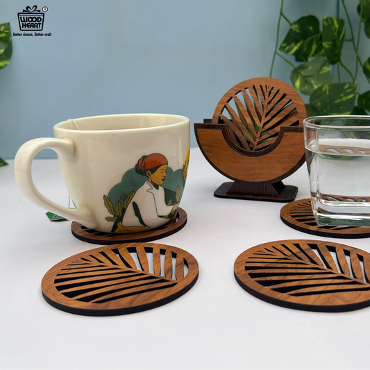 Wooden Leaf Design Coaster Set with Holder – Round Shape