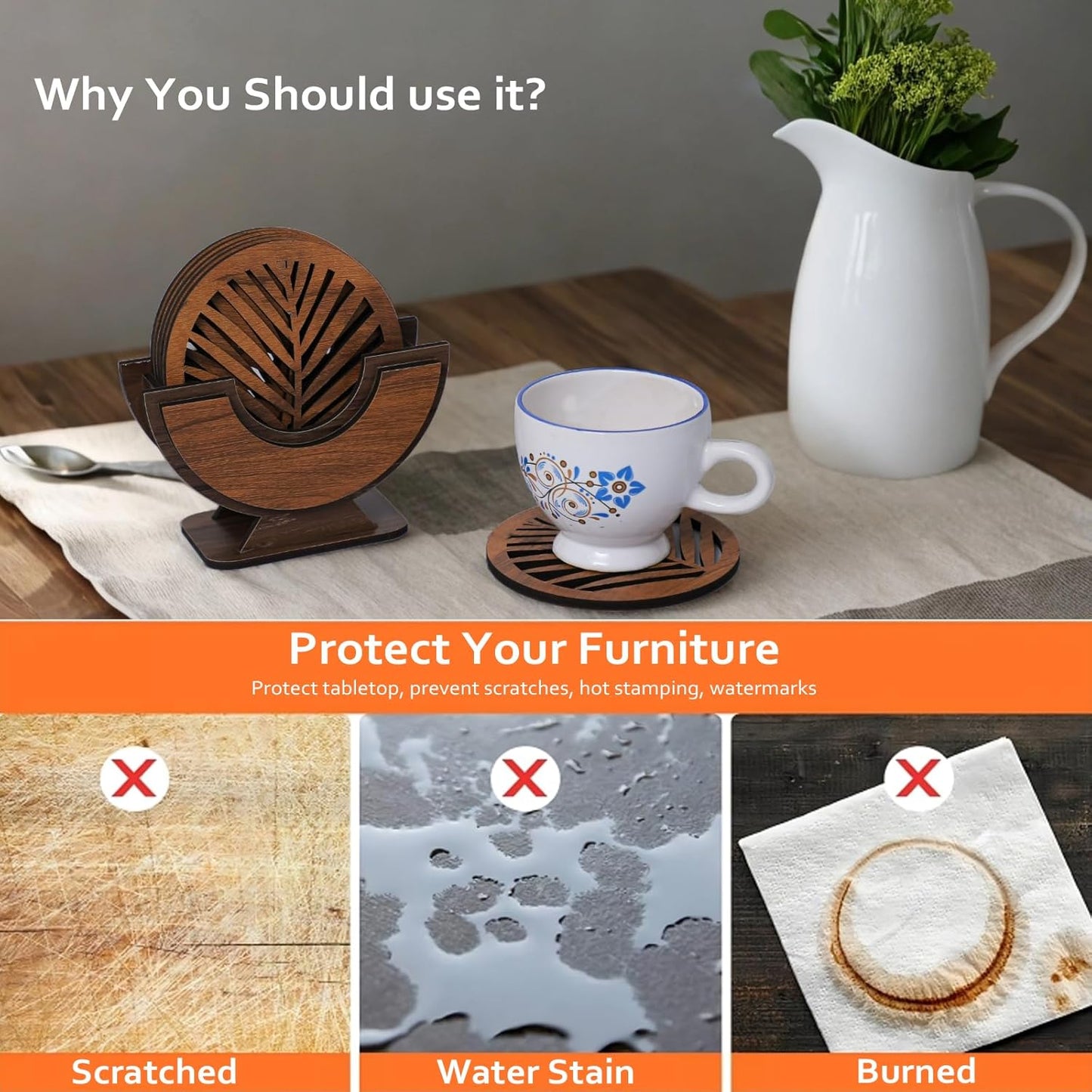 Wooden Leaf Design Coaster Set with Holder – Round Shape