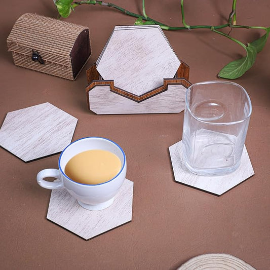 Wooden Hexagon Coaster Set with Holder – Whitewashed Finish