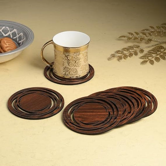 Wooden Round Coaster Set with Modern Cut Ring Design & Stand