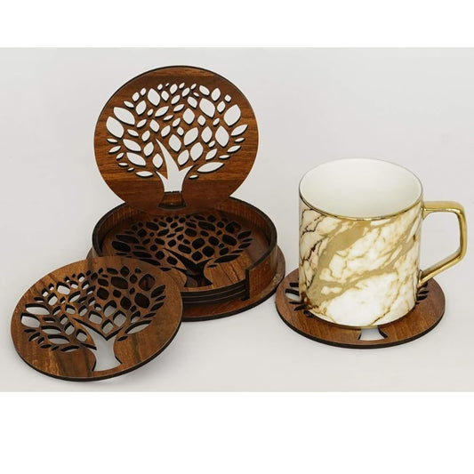 Wooden Round Coaster with Tree of Life Cutwork Design
