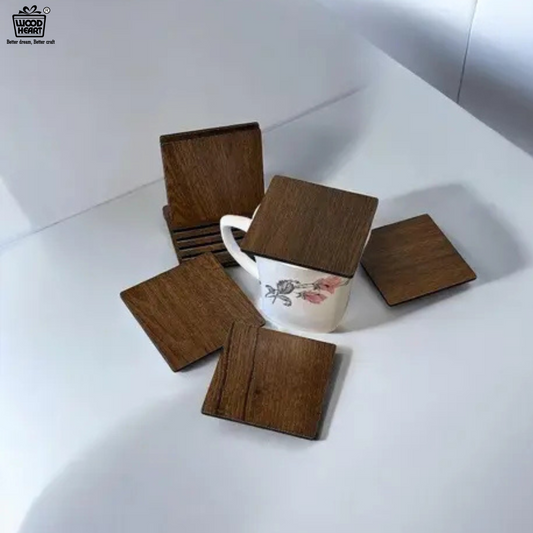 Square Wooden Coaster Set with Holder – 6 Pieces