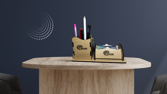 WoodHeart Premium Wooden Desk Organizer – Pen & Card Combo Stand