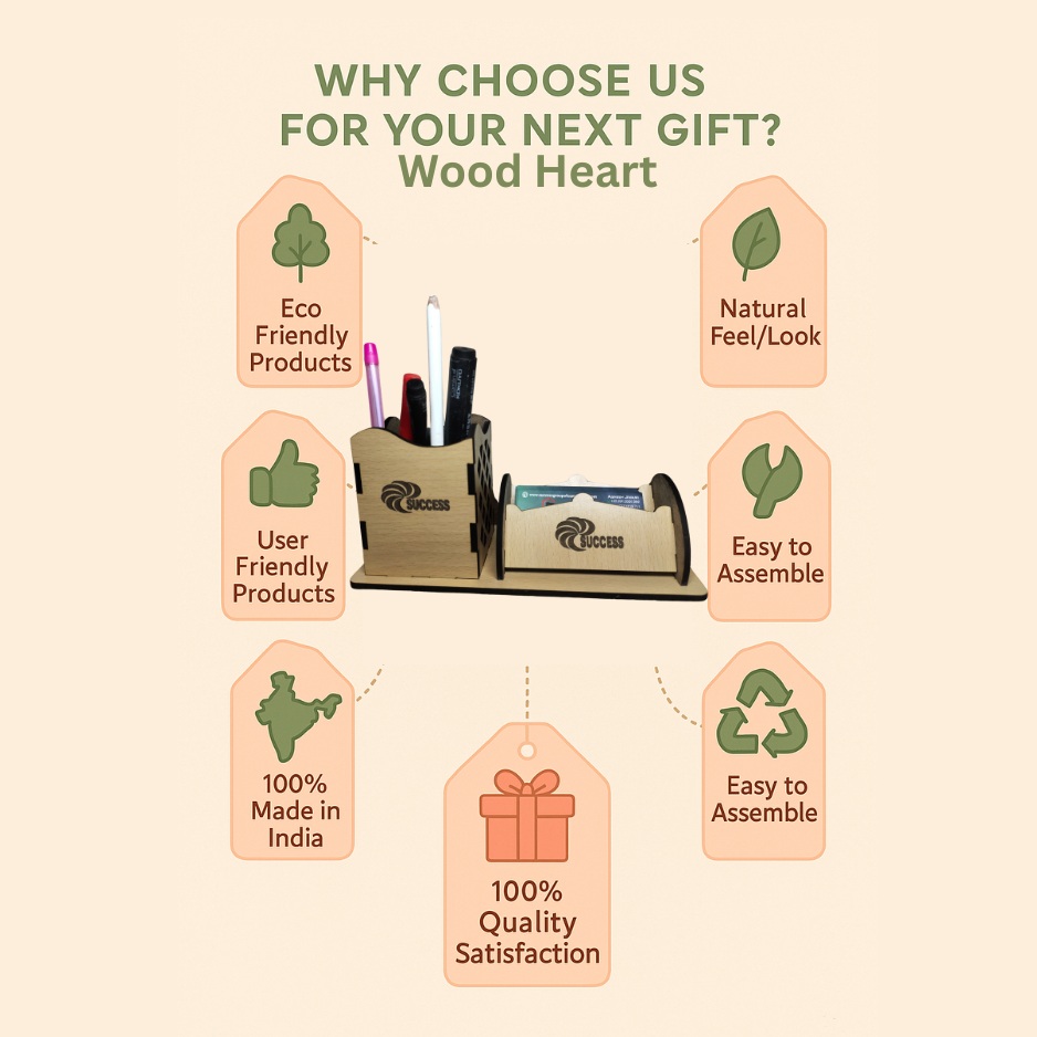 WoodHeart Premium Wooden Desk Organizer – Pen & Card Combo Stand