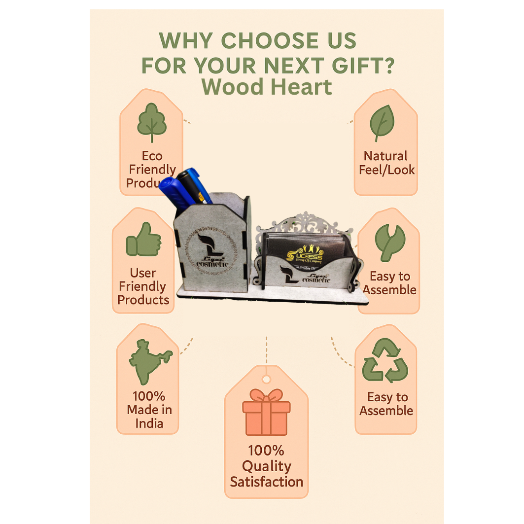 WoodHeart Royal Grey Wooden Desk Organizer – Pen & Card Holder Combo