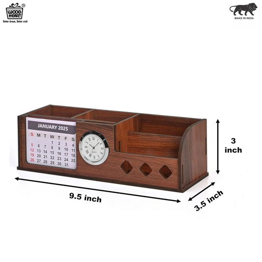 WoodHeart Multifunctional Wooden Desk Organizer with Calendar & Clock