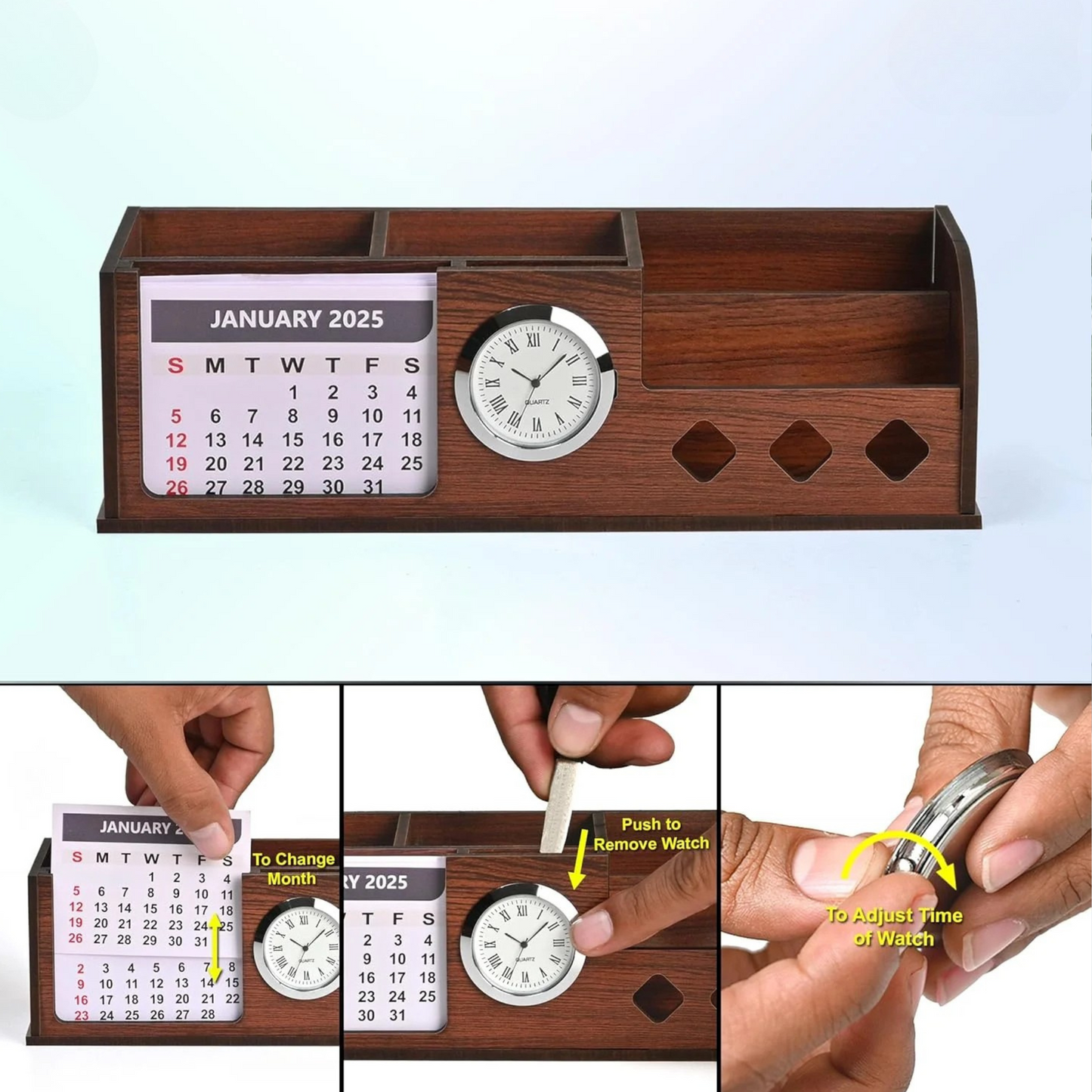 WoodHeart Multifunctional Wooden Desk Organizer with Calendar & Clock