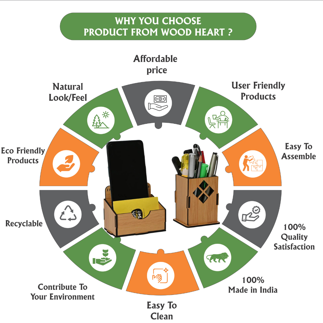 WoodHeart Wooden Desk Organizer Combo – Motivational Quote Edition