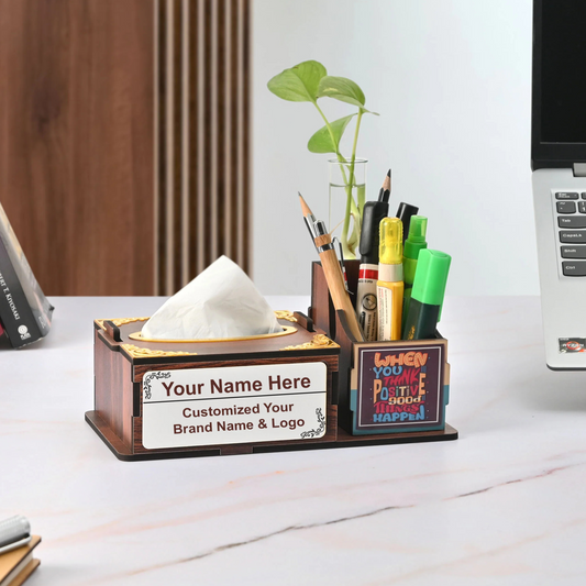 WoodHeart Wooden Tissue Box with Test Tube Flower Vase – Premium Desk Decor