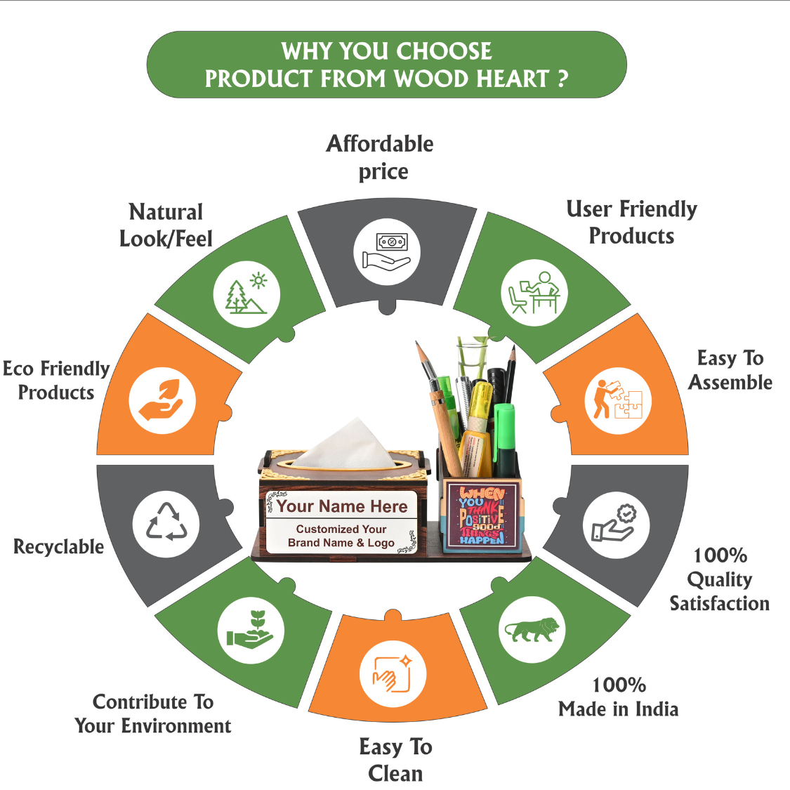 WoodHeart Wooden Tissue Box with Test Tube Flower Vase – Premium Desk Decor