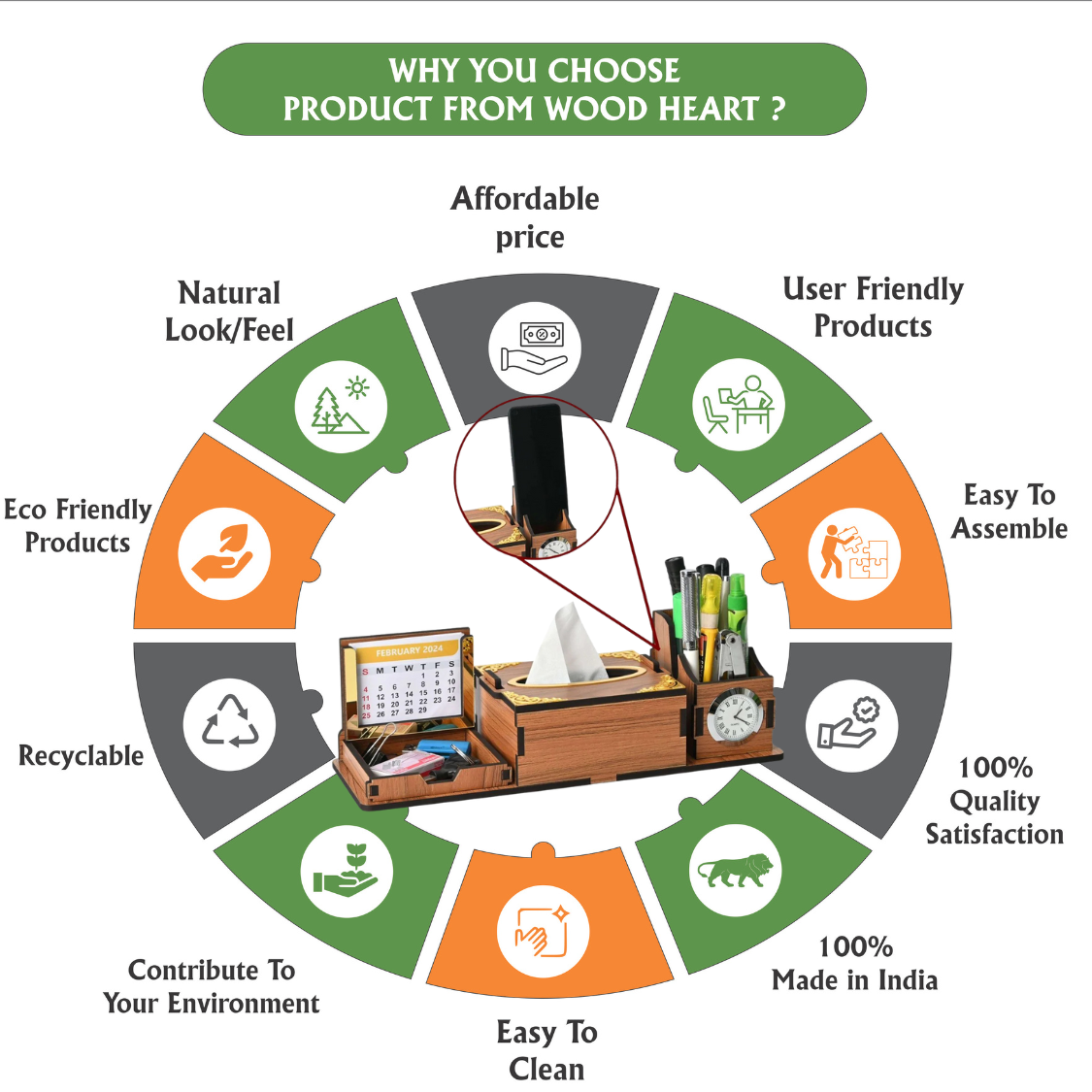 WoodHeart 5-in-1 Multifunctional Wooden Desk Organizer with Clock, Calendar & Phone Holder