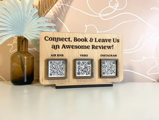 Wooden QR Code Review Stand – Triple Slot (Airbnb, VRBO, Instagram)