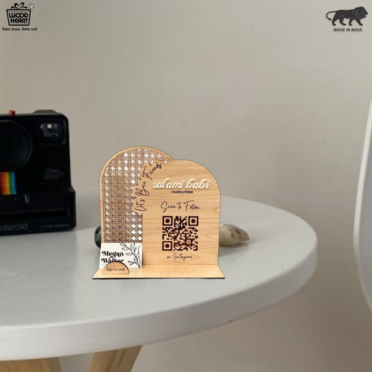 Wooden Instagram QR Code Stand with Business Card Holder – Arch & Rattan Design