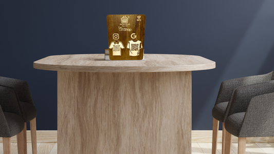 Wooden NFC & Dual QR Code Display Stand – T-Shirt Design Edition