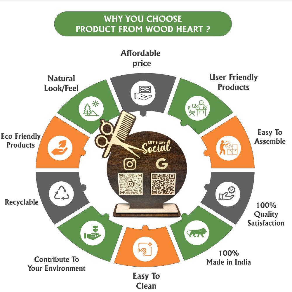 Wooden Barber Shop Social Media & Review QR Code Stand – “Let’s Get Social” Edition