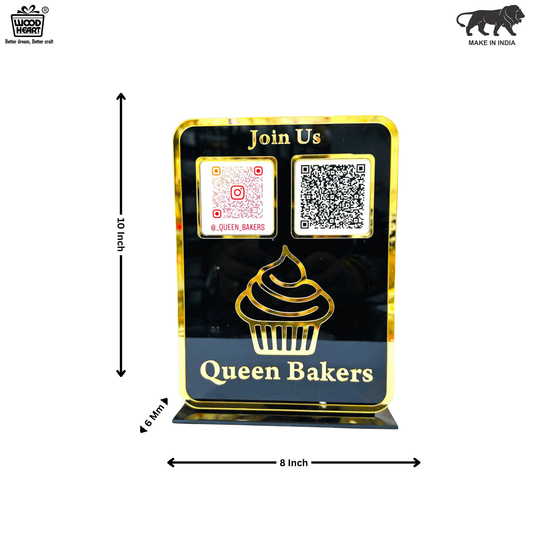 Black & Gold Acrylic Bakery QR Code Stand – Queen Bakers Social Media & Payment Display