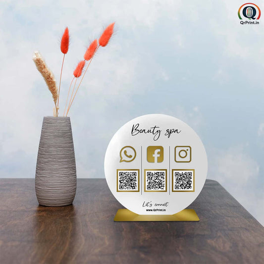 Round White & Gold Acrylic Social Media QR Code Stand – Beauty Spa Contact Display