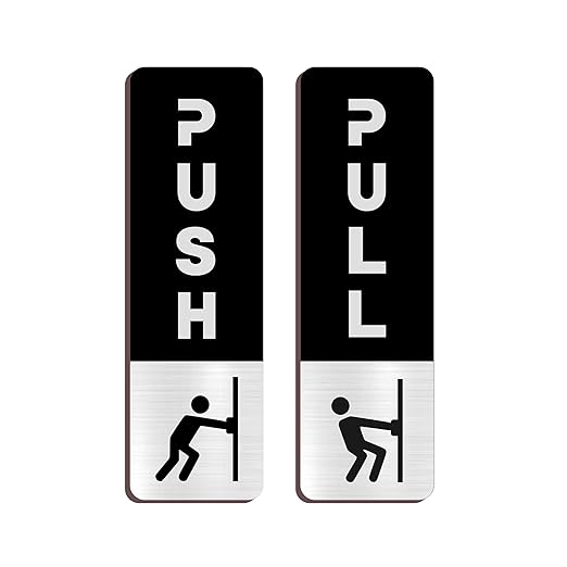 Black & Silver Push/Pull Door Sign Plates with Icon – Modern Brushed Finish