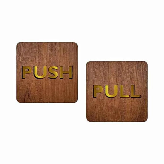 Premium Wooden Push & Pull Door Sign Board – Golden Letter Cut Design