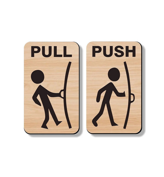 Wood Finish Push & Pull Door Sign Board – Stick Figure Design