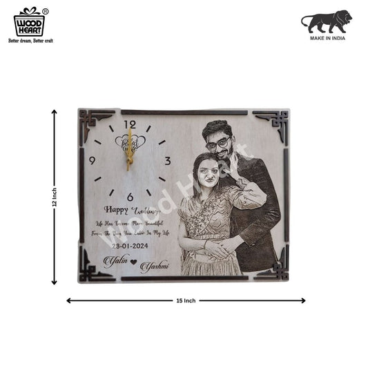 Personalized Wooden Photo Frame with Clock | Custom Wedding Gift Plaque