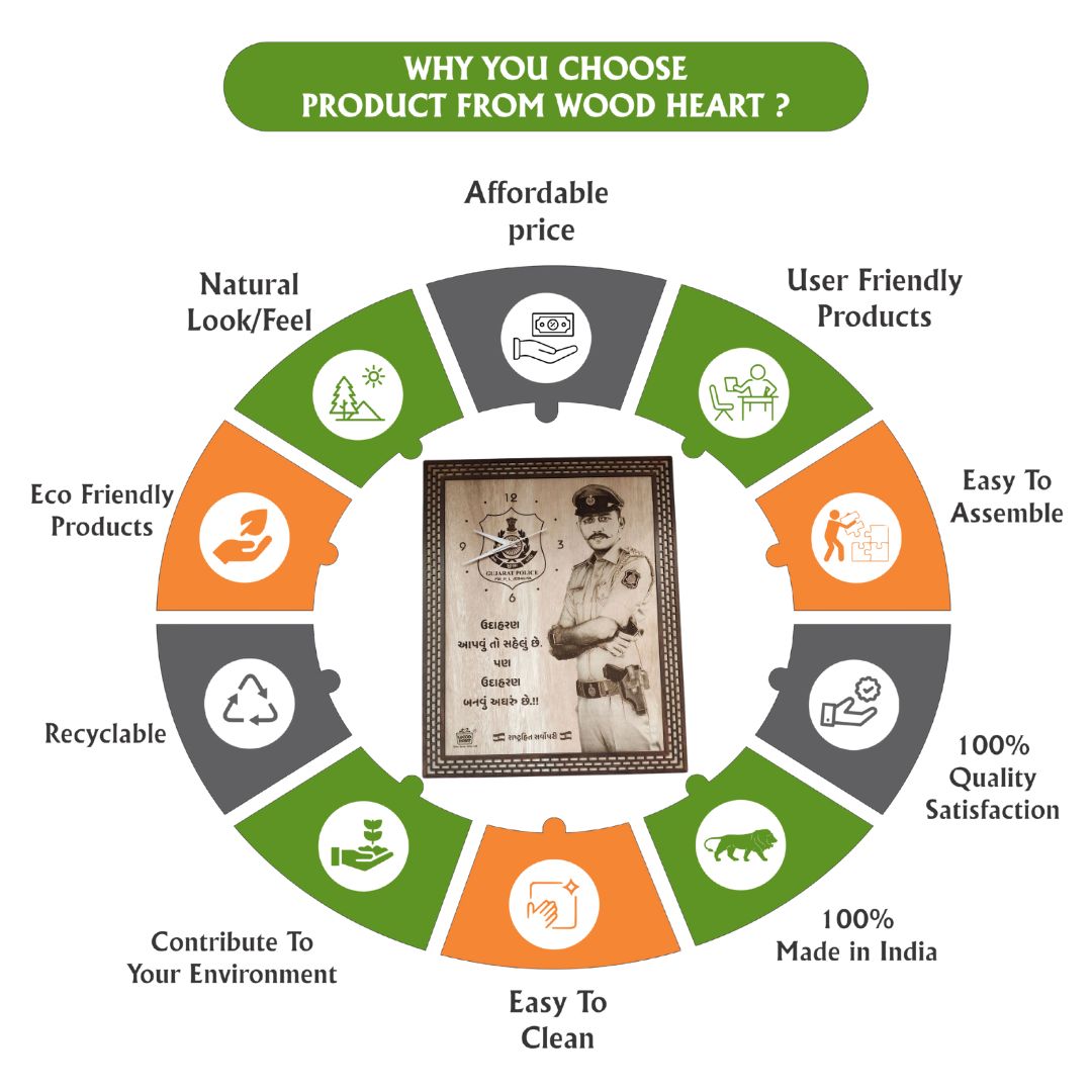 Personalized Wooden Engraved Police Theme Wall Clock | Custom Photo & Text Laser Engraved Gift for Officers