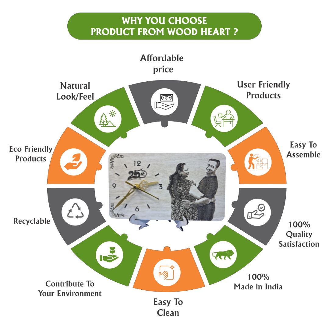 Personalized 25th Anniversary Wooden Engraved Photo Clock | Custom Couple Gift | Table Decor by Wood Heart