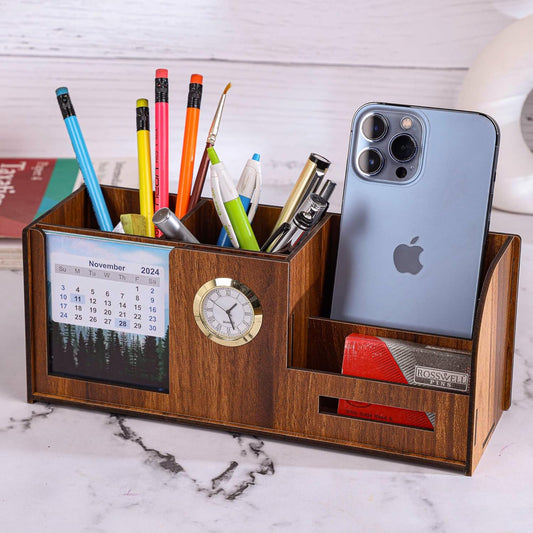 WoodHeart Wooden Desk Organizer with Dual Drawers & Mobile Stand