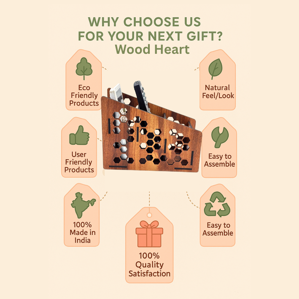 WoodHeart HexaCut Wooden Remote & Mobile Organizer Stand