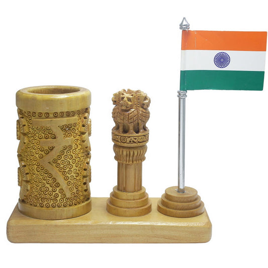 Wooden Ashoka Pillar Desk Set with Pen Stand & Flag