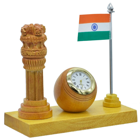 Wooden Desk Set with Ashoka Pillar, Ball Clock & Indian Flag