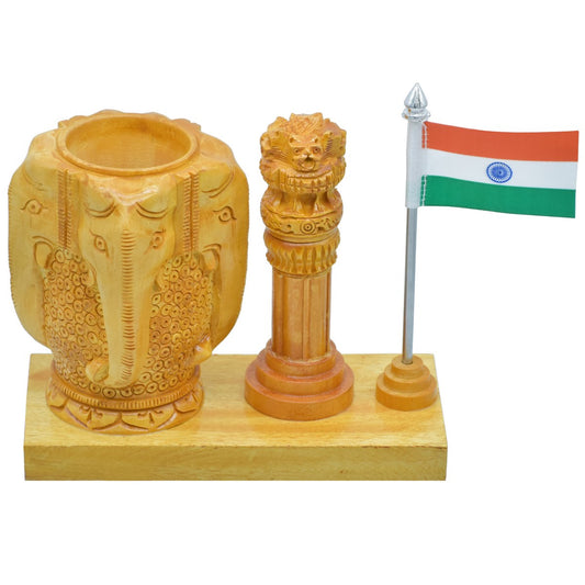 Wooden Elephant Pen Stand with Ashoka Pillar & Indian Flag