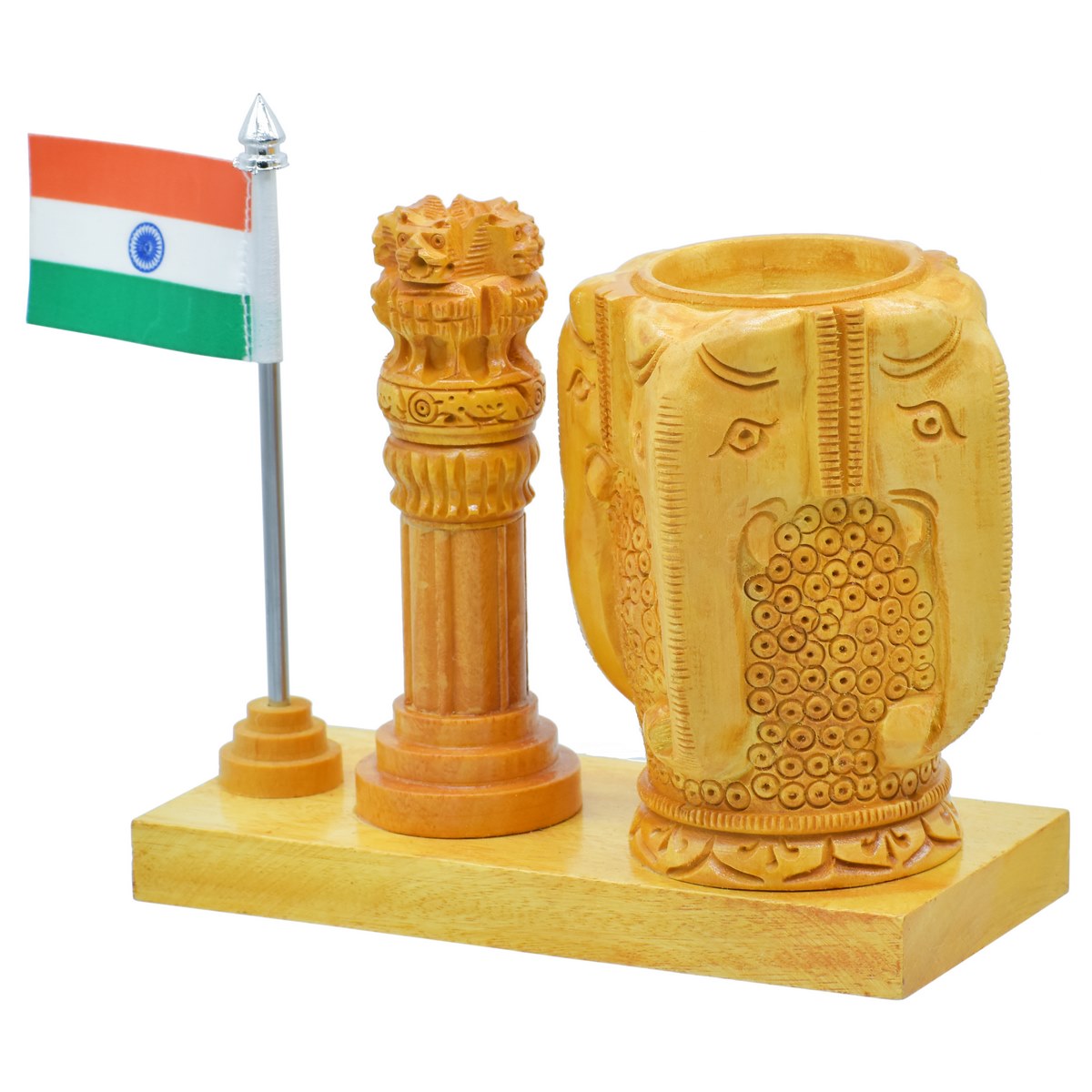 Wooden Elephant Pen Stand with Ashoka Pillar & Indian Flag