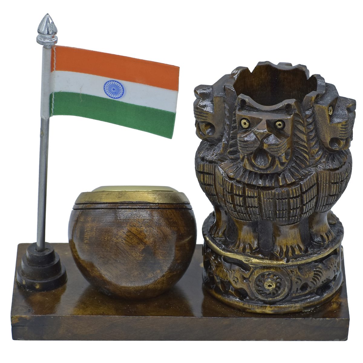 Wooden Ashoka Emblem Pen Stand with Clock & Indian Flag