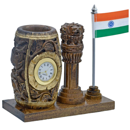 Wooden Ashoka Pillar Pen Stand with Clock & Indian Flag
