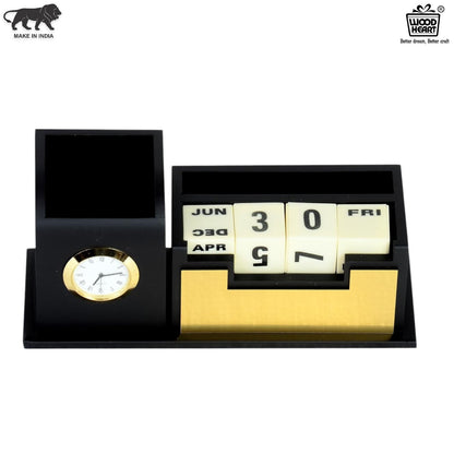Wooden Desk Organizer with Clock and Perpetual Calendar | Pen Holder with Date Display
